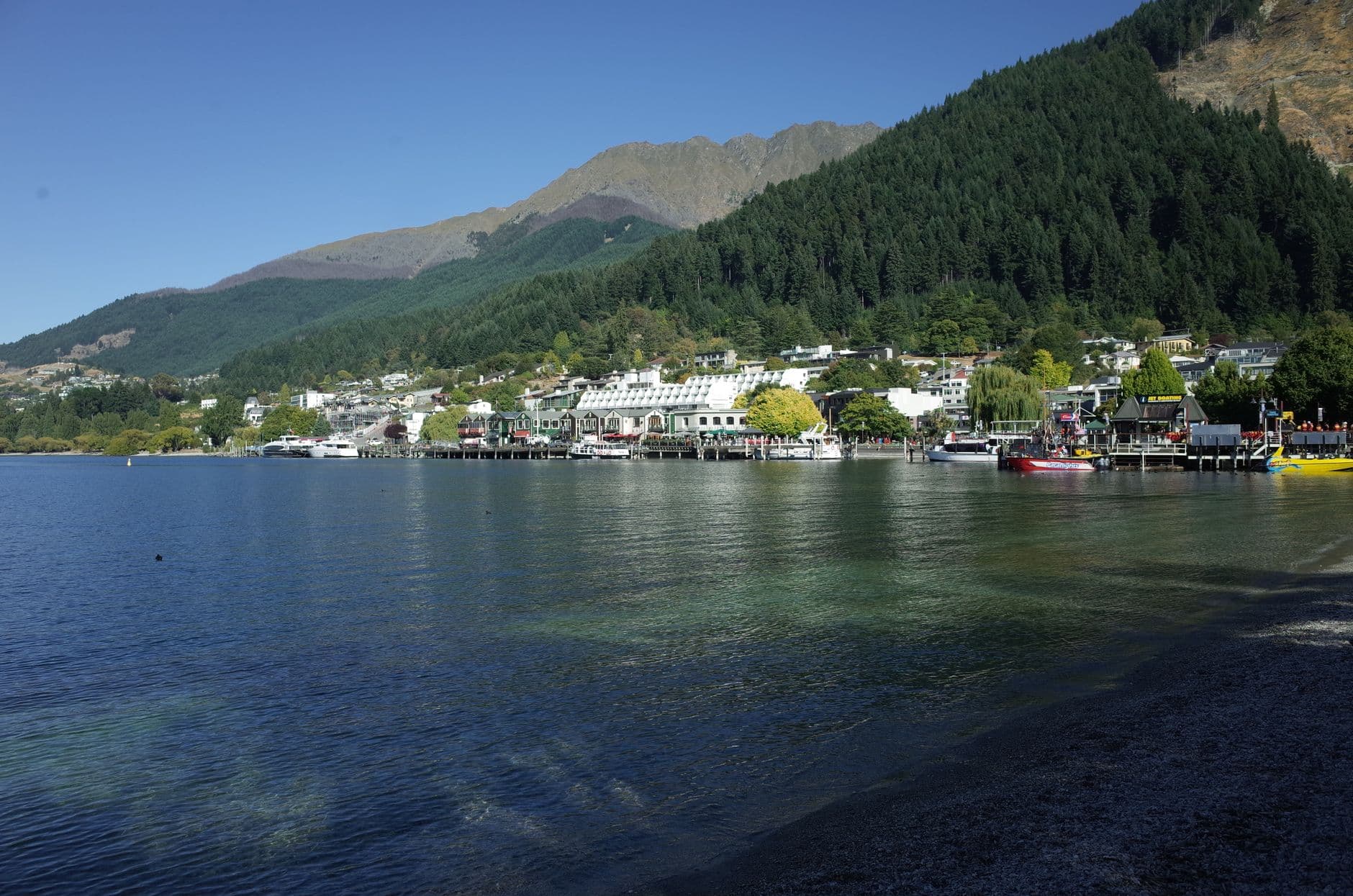 Queenstown waterfront and green mountains in a warmer season