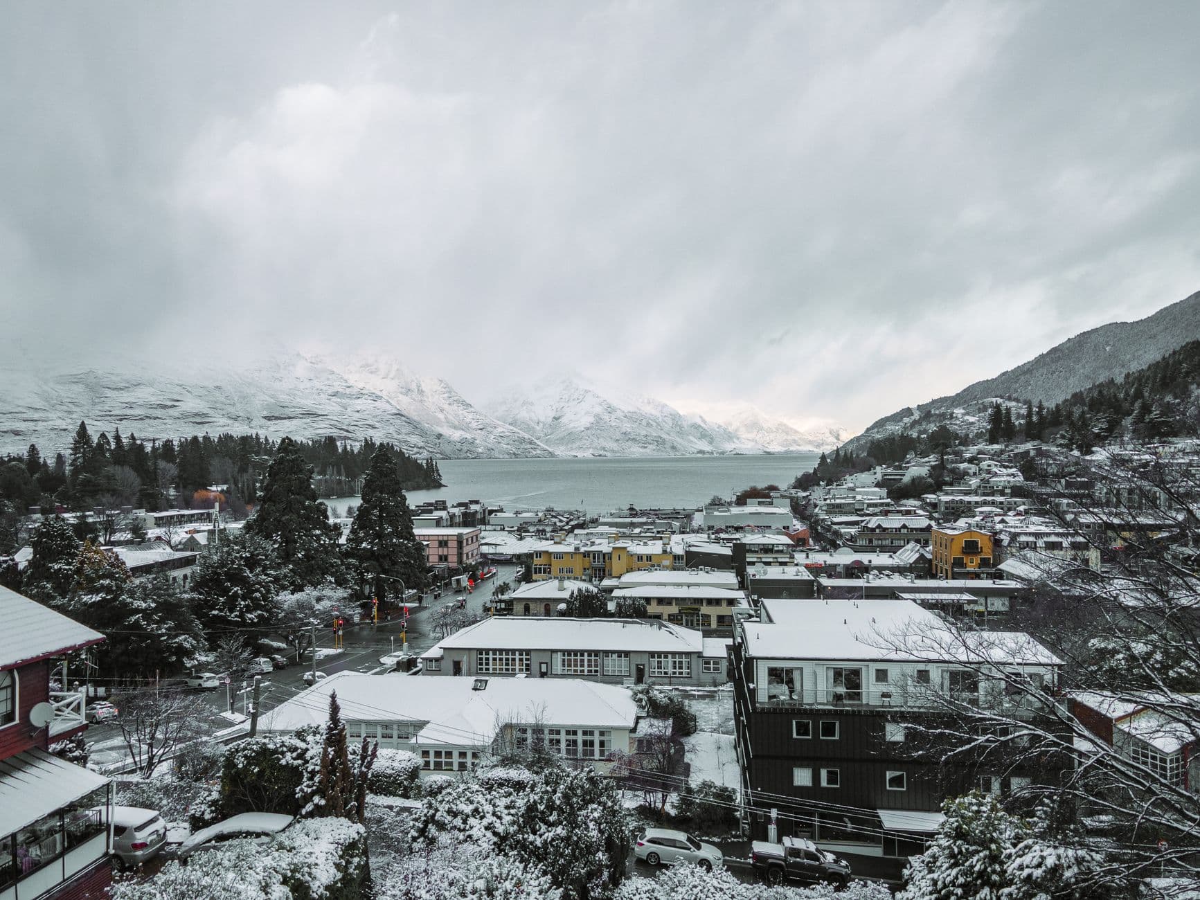 Snow across Queenstown town and surrounding mountains